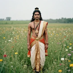 hindu god standing in tall meadow of flowers, ww1 film photo, grainy, high detail, high resolution