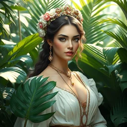 a beautiful elegant and grace female sorrounded by tropical plants!! renaissance noble costume, octane render, vivid colors, artstation, by jeremy mann, by alphonse mucha, by boris vallejo. delicate features. bright white. ultra realistic. ultra clear detailed