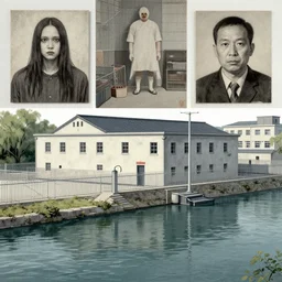 a chinese prison by a river, in the style of junji ito, parts by edward hopper, parts by rodchenko, parts by yue minjun, parts by peter doig, intricate and epic composition, 4 k, very detailed, insanely quality, line brush, crisp and clean lines, highly detailed, masterpiece, overlaid with chinese adverts