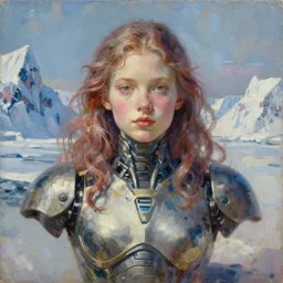 sacred young female battle robot award winning portrait bust symmetry faded tetrachromacy colors arctic background tim hildebrandt wayne barlowe bruce pennington donato giancola larry elmore masterpiece trending on artstation cinematic composition beautiful lighting hyper detailed!!! 8 k oil on canvas