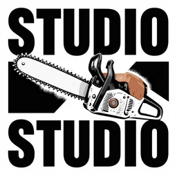 propaganda poster for a studio with a chainsaw, black and white, street printed poster, socialist,