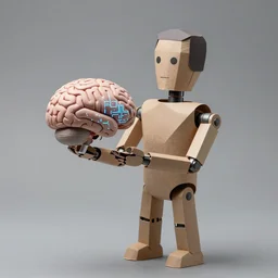 papier - mache mechanical man holding a digital brain. studio lighting, canon 5 d 5 0 mm lens