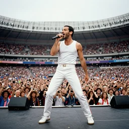 a cat performing at the Live Aid Concert (1985), color photograph, Queen, Freddy Mercury, singer, Wembley Stadium, large crowd