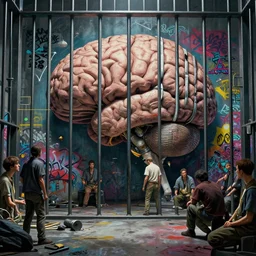 illustration of giant brain in prison, composition accidental renaissance golden ratio, cinematic, by sachin teng and sergey kolesov and ruan jia and heng z and wlop. graffiti art, scifi, fantasy, hyper detailed. octane render. concept art. trending on artstation