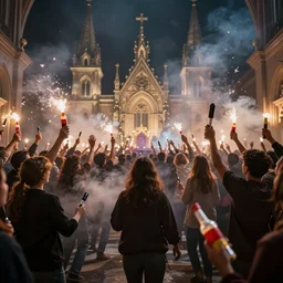 riot at the catholic church, molotov cocktails, 8 k, ultra realistic, lens flare, atmosphere, glow, detailed, intricate, full of colour, cinematic lighting, trending on artstation, 4 k, hyperrealistic, focused, extreme details, unreal engine 5, cinematic, masterpiece