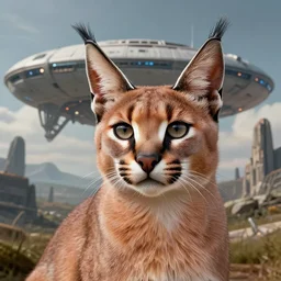 highly detailed portrait photo of a cute fluffy caracal. a massive spaceship in a scenic megalophobic dystopian environment in the background, hyperrealistic illustration by william didier - pouget