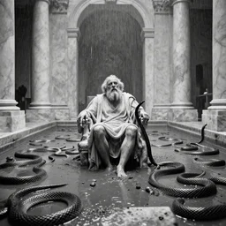 movie still of socrates frozen in a gigantic marble hall flooded with snakes, cinestill 8 0 0 t black and white, by andrei tarkovsky, by piranesi very heavy grain, high quality, high detail, ultra wide lens, sharpness, flares, anamorphic, foggy, mud, rain