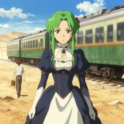makoto shinkai, artgerm, ilya kuvshinov, steampunk beautiful anime woman, victorian dress, green hair, symmetrical face, symmetrical eyes, action scene, train in the desert, detailed, summer setting, cinematic lighting, yoji shinkawa