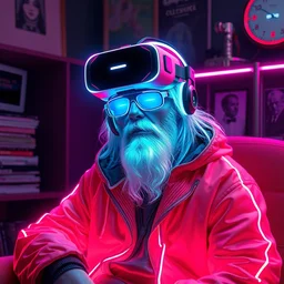 portrait of cyber dumbledore wearing a vr set with lots of neon sitting in his room by greg rutkowski