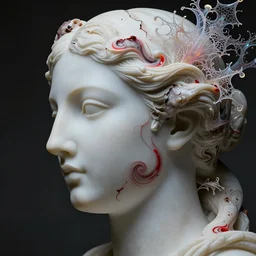 photorealistic white marble greek goddess face profile sculpture, flesh shows at some parts under the broken marble, swirling liquified meat!!!!!!!!!!! and red kintsugi, symbolist, visionary, etheric, entwined with iridiscent fractal lace, alien botanicals, cinematic composition, cinematic lighting,