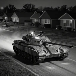 cctv footage of a t - 9 0 tank driving past a suburban neighbhoorhood, realistic, highly detailed, black and white, at night, taken on a security cctv camera.