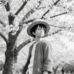 “ a portrait photo of luffy at a sakura tree, side shot, by shunji dodo, 8 k resolution, black and white photo, high quality ”