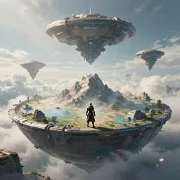Deadspace 5 Character standing on the edge of a dish shaped world with a central mountain in the middle of the world and high tech floating pyramid above it. Cinematic 8k, Unreal Engine 5, concept art
