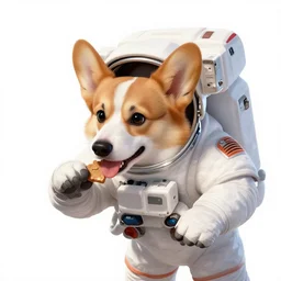 corgi eating treats while space walking an eva in space, wearing an eva suit.