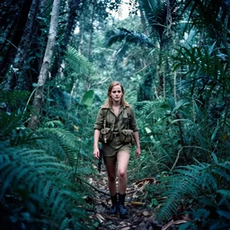 film still, extreme far view, emma watson, jungle, vietnam war, walking, apocalypse now, associated press, 2 6 mm, kodak ektachrome, blue tint expired film,