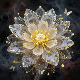 boolean fractal of a rare interdimensional flower with exotic translucent butterflies as petals and long yellow crystals, filaments trespassing several layers of matter, nebulae, smoke, dust, crystal, very detailed, octane render, houdini, arnold, fume fx, krakatoa, vertical wide shot, gran angular, hd, volumetric light, particles art station