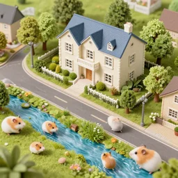a mansion on a street overview with a creek made of hamsters