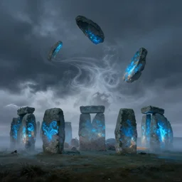 masterpiece painting of glowing stonehenge pieces scattered falling over, bluestones falling over, wrapped in swirling fog, swirling dust particles, cinematic shot, volatile weather, chaos, mysterious, dynamic, dusk, concept art, by greg rutkowski