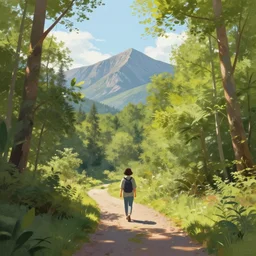 i walk in the netherlands on a trail in the forest, mountains in de background, volumetric lighting, summer, late morning, clear weather, few clouds, realistic illustration, perfectly shaded, soft painting, art by krenz cushart and wenjun lin