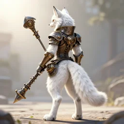 anthropomorphic white lynx fursona wielding steampunk weapon, wearing steampunk suit from behind, with lynx head, tail, paws, by tanidareal, irakli nadar, muggur, intricate linework, unreal engine, photorealistic render, furry art, furaffinity, gaussian blur, bright sun backlight, white detailed fur, thin hind legs