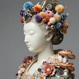 beautiful korean woman portrait with a smooth carved japanese porcelain ivory profile face, futuristic haute couture draped in flowers and mushroom, iris van herpin, headdress with technical objects, colorful puffballs, hyper detailed, ultra sharp, 8 k
