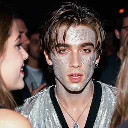 paparazzi photo of jeffree star in the 2 0 0 0 s at a party, hyper realistic 8 k rhinestone glossy realistic detailed faces