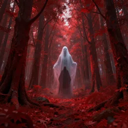 crimson forest with a ghost and a cult in it, surreal, sharp focus, digital art, epic composition, concept art, dynamic lighting, intricate, highly detailed, 8 k, unreal engine, blender render