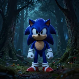 sonic in a creepy forest at midnight, photorealistic, cinematic, beautiful, creepy, scary, 8k