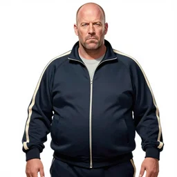 overweight jason statham in a track suit, judgmental, graphic novel cover