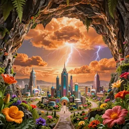 an ultra - realistic massive volume cave : 5, ; bright coloured natural flowers and ferns : 2 ; miniature tiny futuristic city : 3 ; endless plain with orange clouds with sheet lightning : 4, highly symmetricaloctane render hd, 4 k, ultra - realistic, in unreal engine, trending on artstation