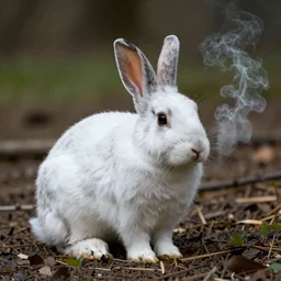 wise rabbit smoking in the woods, realistic photography