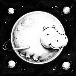 black and white ink doodle illustration of a hippo shaped planet in interstellar space, style by peter deligdisch, peterdraws