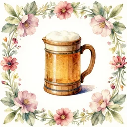 a wooden tankard of ale watercolor painting in the center of a floral frame, art by walter crane and arthur rackham, illustration style, watercolor