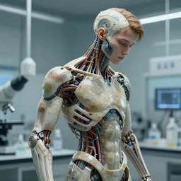 android in a lab. young male. partially human. partially biomedical design. highly detailed. lifelike. cinematic lighting. intricate. elegant. artstation. art by greg rutkowski and alphonse mucha and furio tedeschi