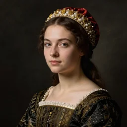 portrait of young woman in renaissance dress and renaissance headdress, art by rembrandt van rijn