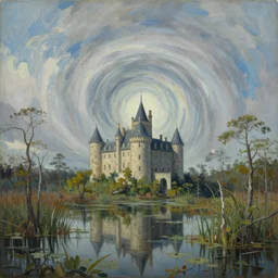 the swamp ad castle are being sucked into the sky vortex, an award winning landscape painting y rebecca guay