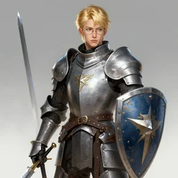 a blond knight in armor with glasses, holding a sword and shield, fantasy, digital portrait, scifi, realistic, detailed, concept art, comics, ruan jia, wlop