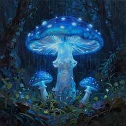 A huge glowing blue mushroom inside a rainforest, eerie vibes, oil painting