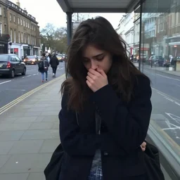 an emo girl at a british bus stop in 2 0 0 6, low quality digital photograph
