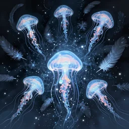 the night of the 5 murderous sorcerers. intricate, centered, amazing composition by amano yoshitaka, by rembrandt, illustrious makinami, digital art, digital painting, artstation trending, unreal engine, fractal flame, transparent jellyfish, transparent feathers, bio luminescent, ice, water, leds
