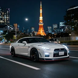 wideshot of a nissan skyline gtr driving in tokyo at night, 4k photo, shot with sony alpha