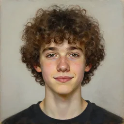 a painting of an androgynous teenager, with curly brown hair, a short nose, freckles, and a sad smile, by aleksi briclot
