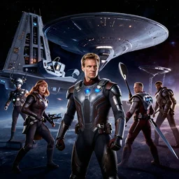 battlestar galactica in an epic space battle with starship enterprise D