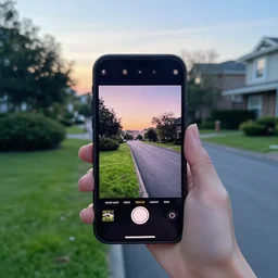 Beautiful cameraphone, soft liminal Photograph of a residential road at early morning, lawn, bushes