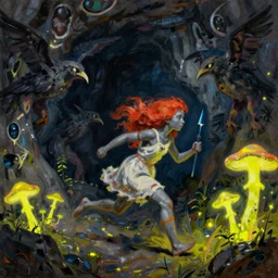 impressionistic painting of a red haired neanderthal girl with grey skin holding a small blue spear running through dark underground caves fleeing from humanoid bird monsters, neon yellow glowing mushrooms, in the style of henry fuseli and beksinski