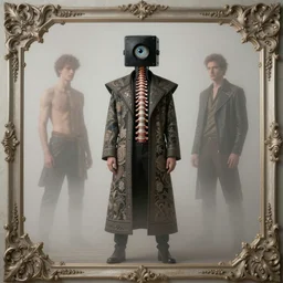 man standing inside ornate template, haze, exposed spinal columb, black biomechanical cube helmet, iris van herpen, jean delville, james jean, ornate garments