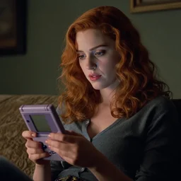 a still of Christina Hendricks playing with a Gameboy, in the movie Lifeforce (1985), highly detailed and intricate, cinematic lighting, 8k remastered HDR
