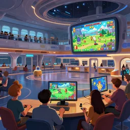 inside a large passenger spaceship, next to the entertainment plaza area, from a point and click 2 d graphic adventure game, art inspired by [ [ thomas kinkade ] ] and mark keathley and greg rutkowski