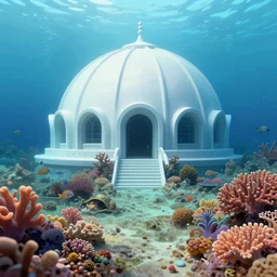 a beautiful first person perspective digital illustration of a domed underwater temple near a coral reef teeming with life by beeple | Byzantine architecture | tropical fish | cinematic | unreal engine | octane | photorealistic |