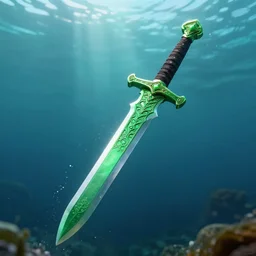 an intricate green sword underwater, 4k octane render